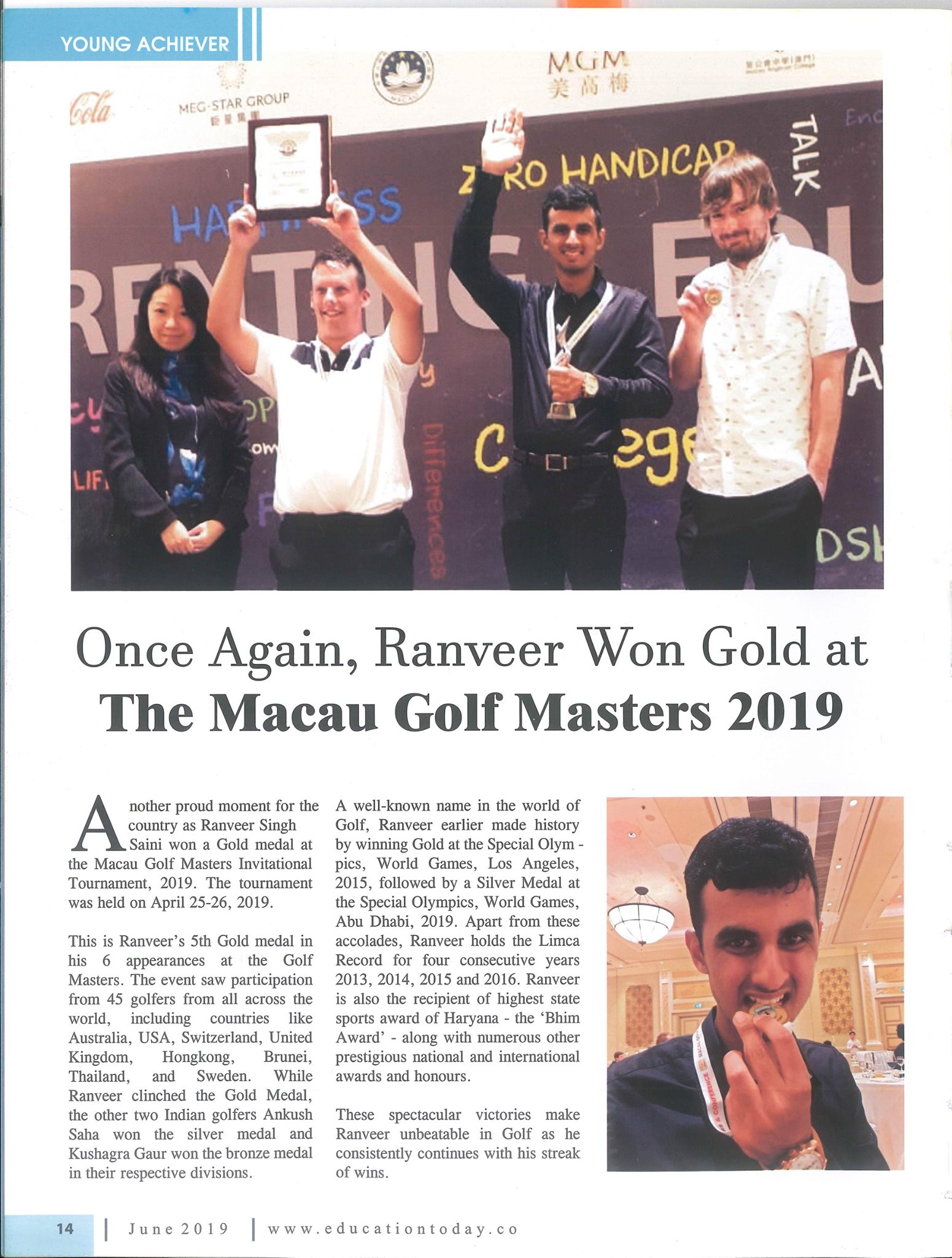 Ranveer Saini featured in “Education Today” as the YOUNG ACHIEVER -June 2019 Edition