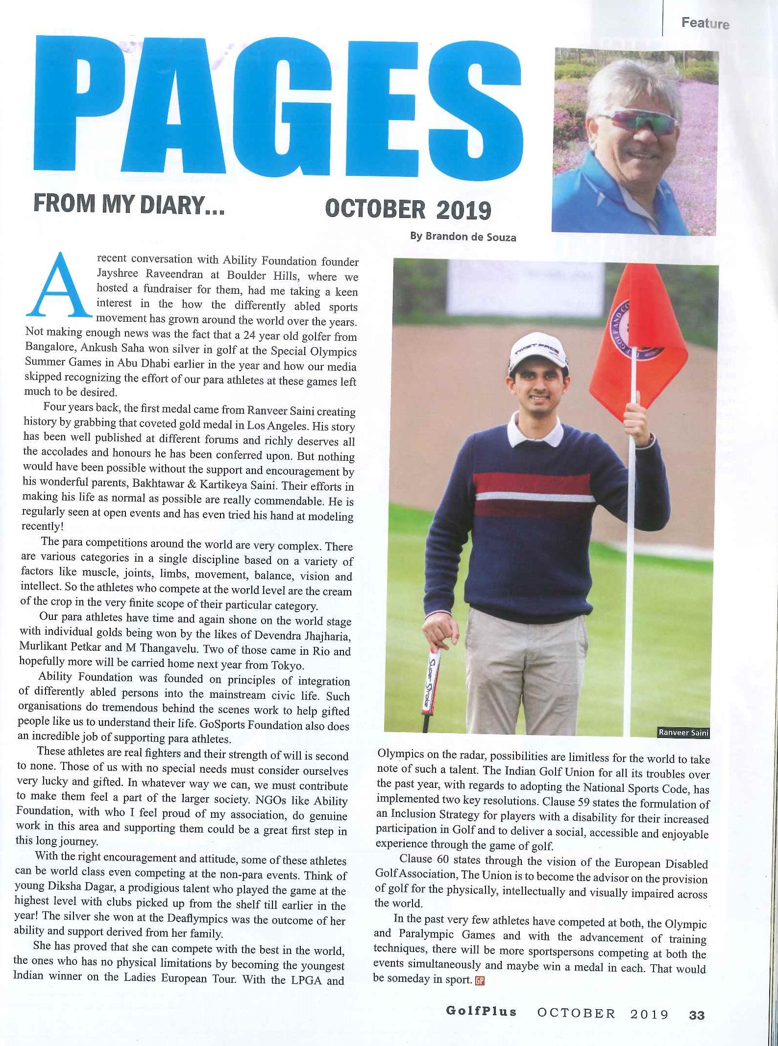 Ranveer Saini featured in ‘Golf Plus magazine’ in October edition 2019.