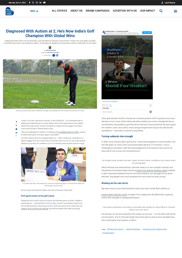 Ranveer Singh Saini in The Better India | India’s Special Olympics Golf Champion